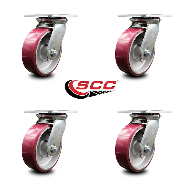 6 Inch Heavy Duty Poly on Aluminum Caster Set with Roller Bearings SCC, 4PK